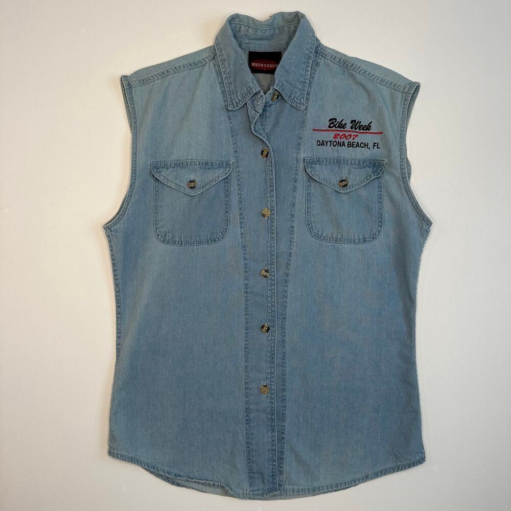 Vintage Y2K Sleeveless Denim Button Front Shirt -Bike Week 2007